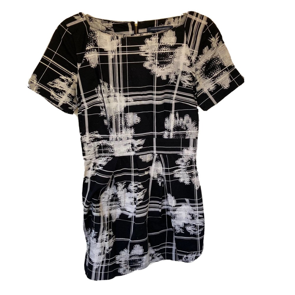 French Connection Dress Sz 0 Black White Floral Short Pockets Career Summer Work